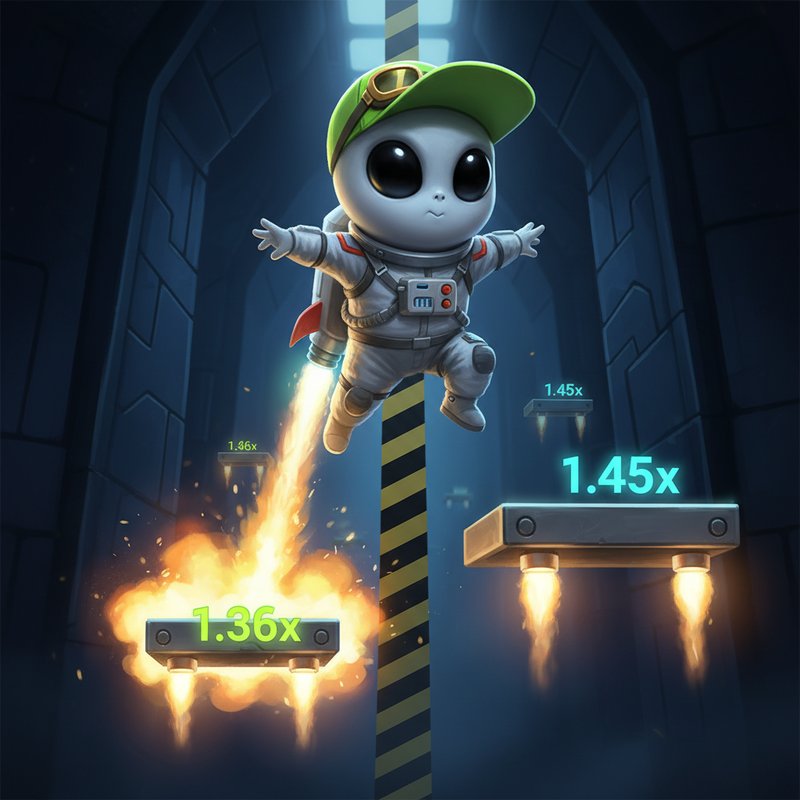Jumper slot demo interface showing the cartoon alien character on a glowing platform with multiplier display and cashout controls