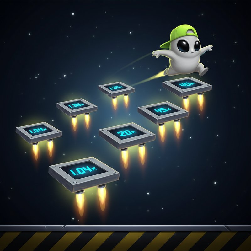 Jumper slot game featuring cartoon alien character with green baseball cap jumping between floating rocket-powered metal platforms with glowing cyan multipliers against dark spaceship interior background